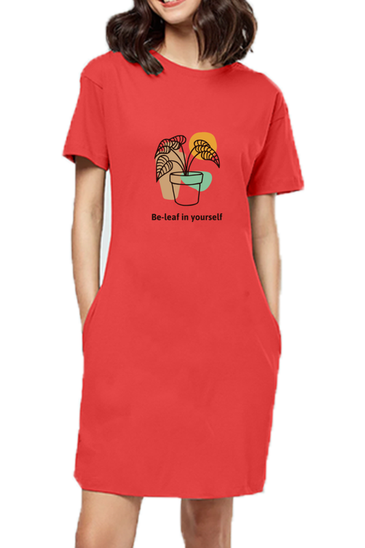 Women’s Half-Sleeve T-Shirt Dress - “Be-leaf In Yourself”