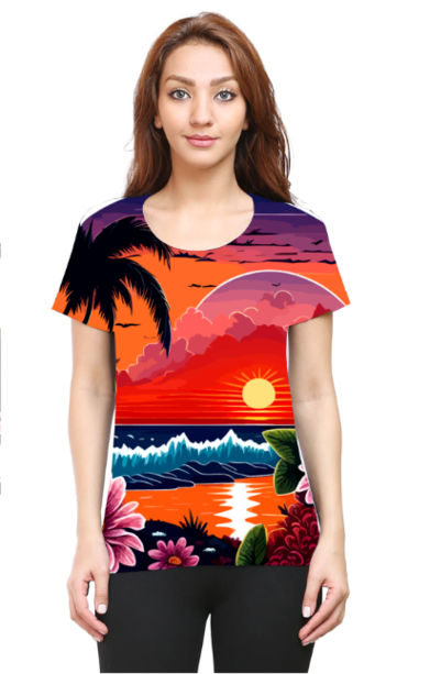 Sunset Beach Vibes AOP Women’s Half Sleeve | Graphic T-Shirt