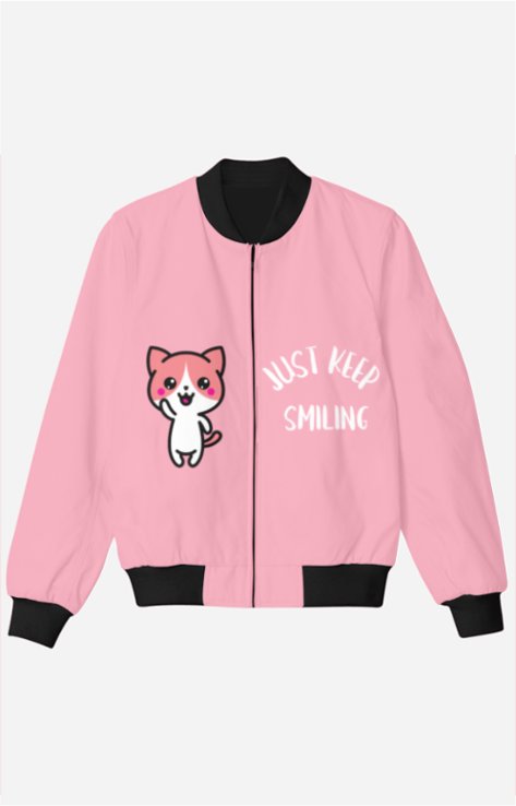 Girls’ Full-Sleeve Bomber Jacket with Cat Print