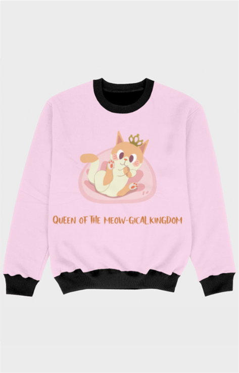 Girl’s Full Sleeve Pink Cat Sweatshirt - Queen Of The Meow-gical Kingdom