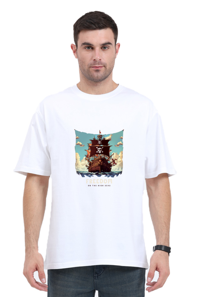 Men’s Half-Sleeve Anime T-Shirt – Freedom Pirate Ship Print