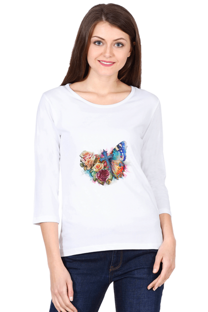 Butterfly and Rose Full Sleeve T-Shirt for Women | Graphic T-Shirts