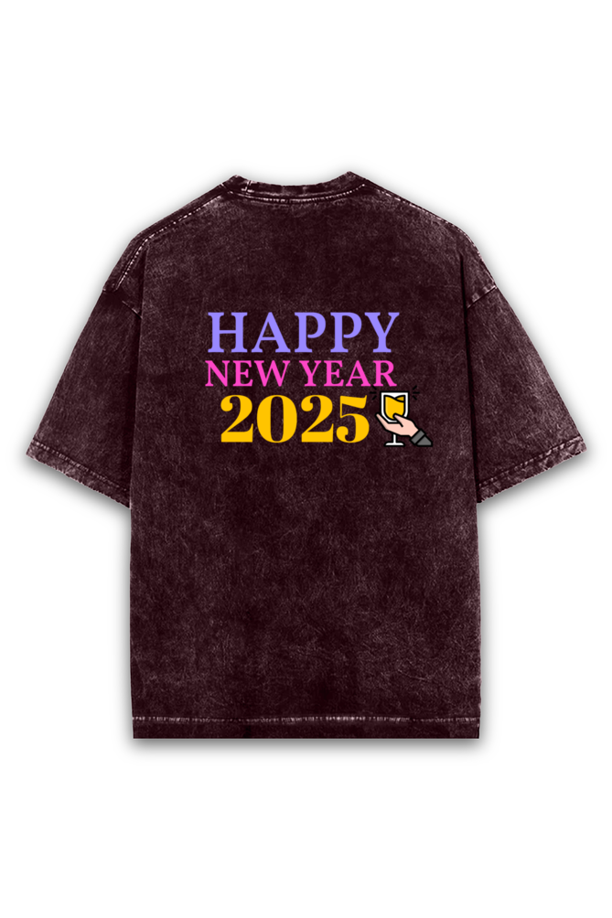 unisex acidwash tshirt back print happy new year 2025