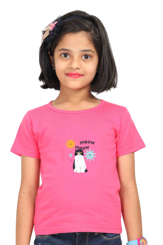 Girls Half Sleeve T-Shirt with Cat Graphic Design