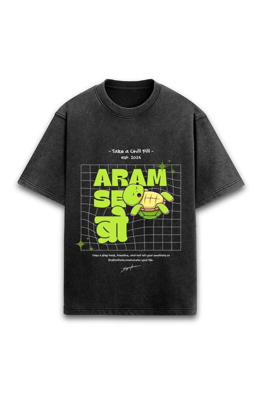 Aram Se Bro Men’s T-Shirt – Comfortable Desi Streetwear with Acid Wash Style