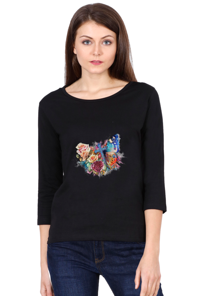 Butterfly and Rose Full Sleeve T-Shirt for Women | Graphic T-Shirts