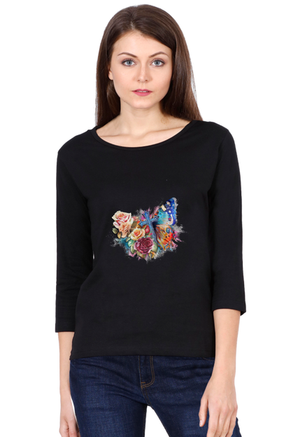 Butterfly and Rose Full Sleeve T-Shirt for Women | Graphic T-Shirts