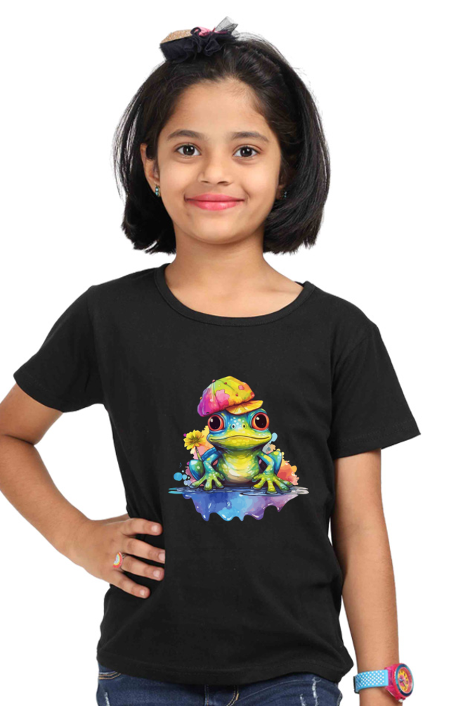 Frog Floral Print Round Neck Tshirt for Girls