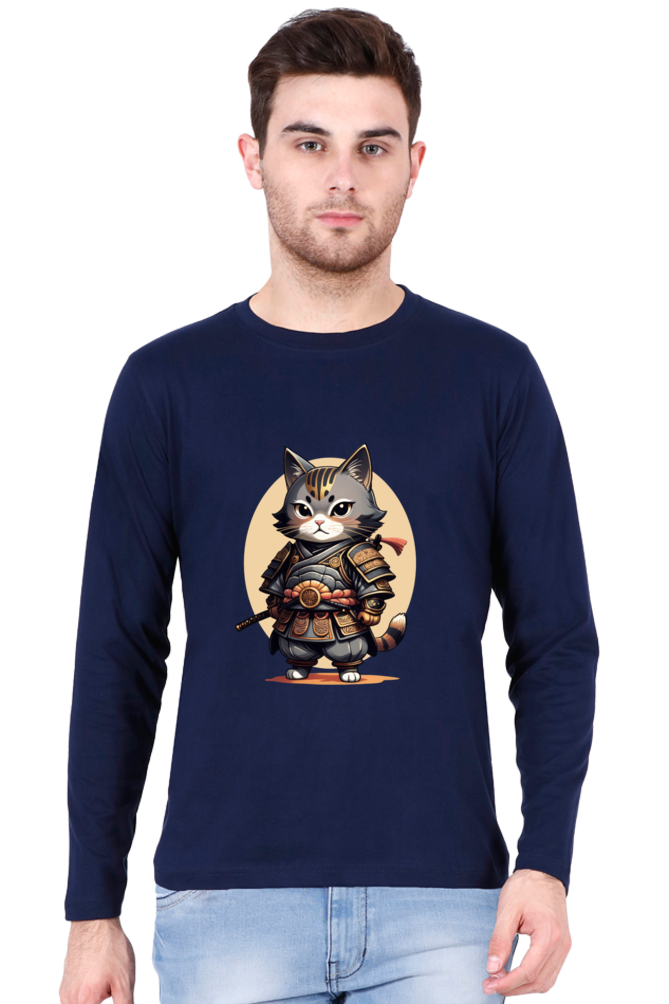 Men's Anime Samurai Cat Full Sleeve T-Shirt