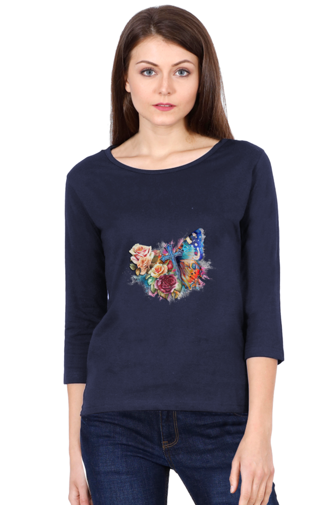 Butterfly and Rose Full Sleeve T-Shirt for Women | Graphic T-Shirts