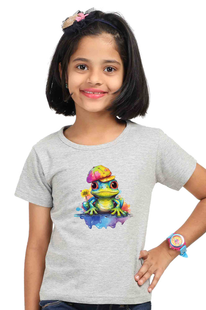 Frog Floral Print Round Neck Tshirt for Girls