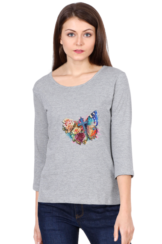 Butterfly and Rose Full Sleeve T-Shirt for Women | Graphic T-Shirts