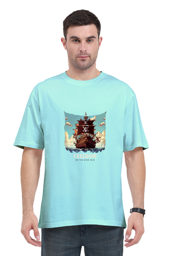 Men’s Half-Sleeve Anime T-Shirt – Freedom Pirate Ship Print