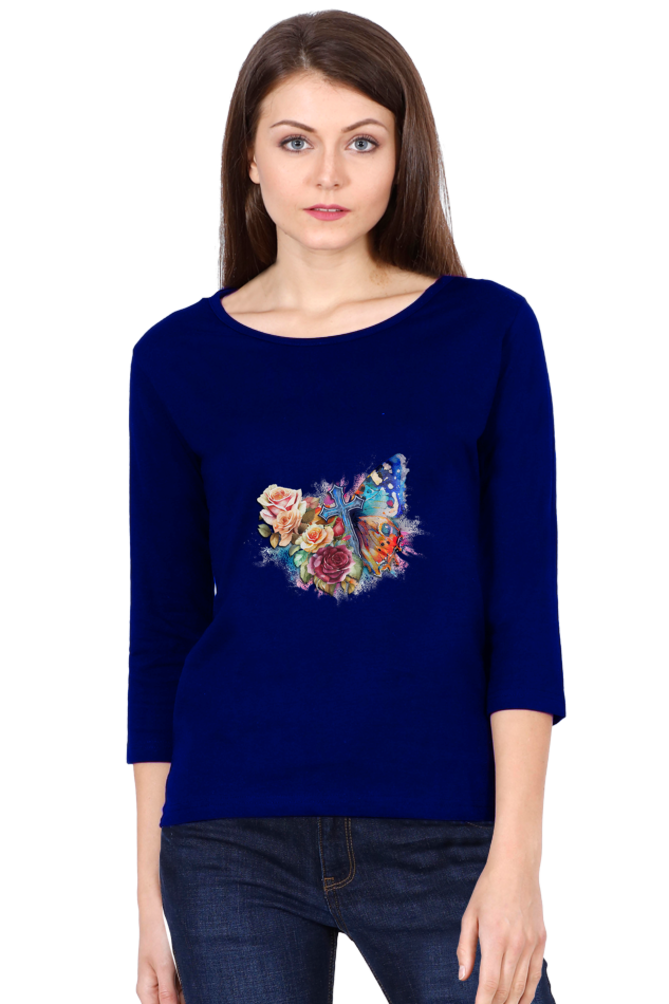 Butterfly and Rose Full Sleeve T-Shirt for Women | Graphic T-Shirts